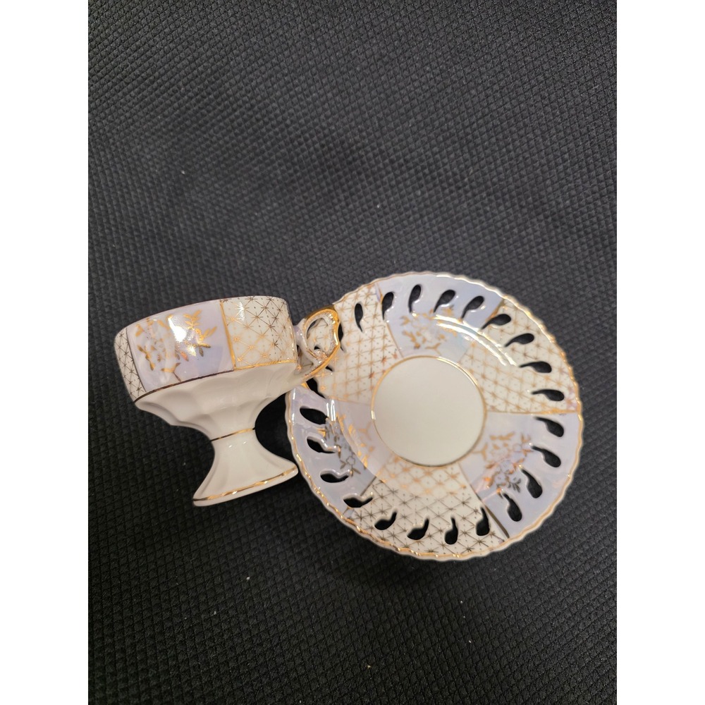 Vintage Iridescent Porcelain Demitasse Cup and Reticulated Saucer Gold Floral